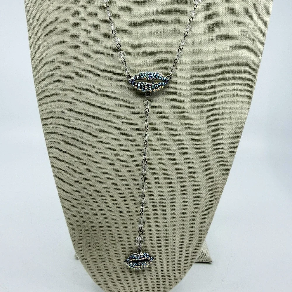 Y2K Crystal Lips Y-Necklace Sparkling Rhinestone Statement Jewelry Coquette Chic